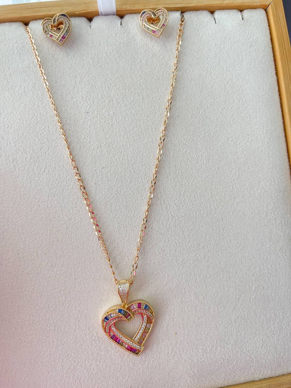 Colorful zirconia Heart Shaped Necklace Earring Set