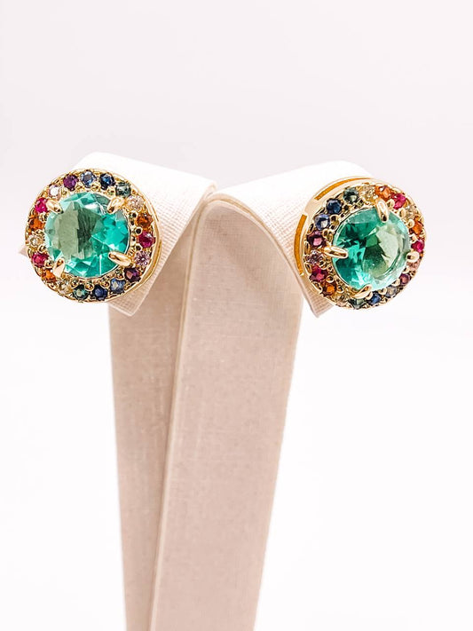 Colorful Zirconia Halo Stud Earrings