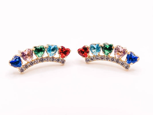 Rainbow Heart Crown Climber Earrings