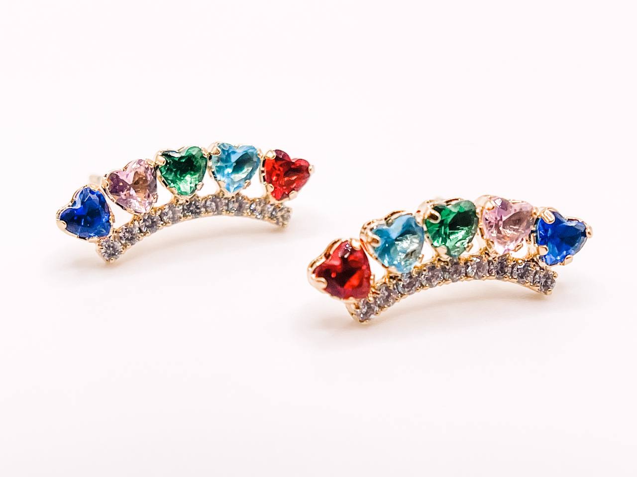 Rainbow Heart Crown Climber Earrings