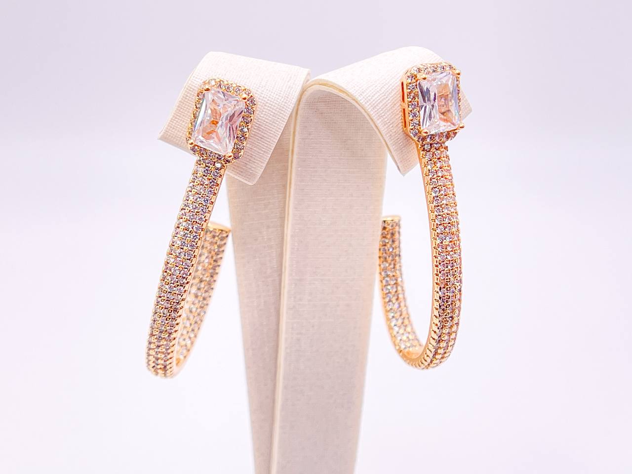 Squared Solitaire Studded Oval Hoops