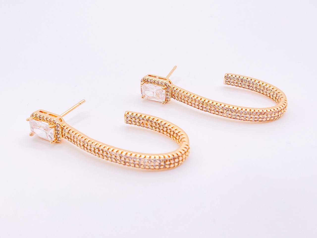 Squared Solitaire Studded Oval Hoops